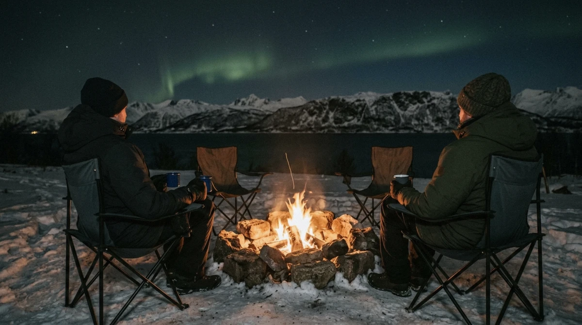 Bonfire and folding chairs at an Arctic camp with aurora overhead on a Tromso Northern Lights tour outside the city, northern Norway