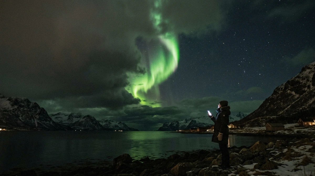 Green aurora arc over a clear night sky above Tromsø, illustrating what the Tromsø northern lights forecast predicts