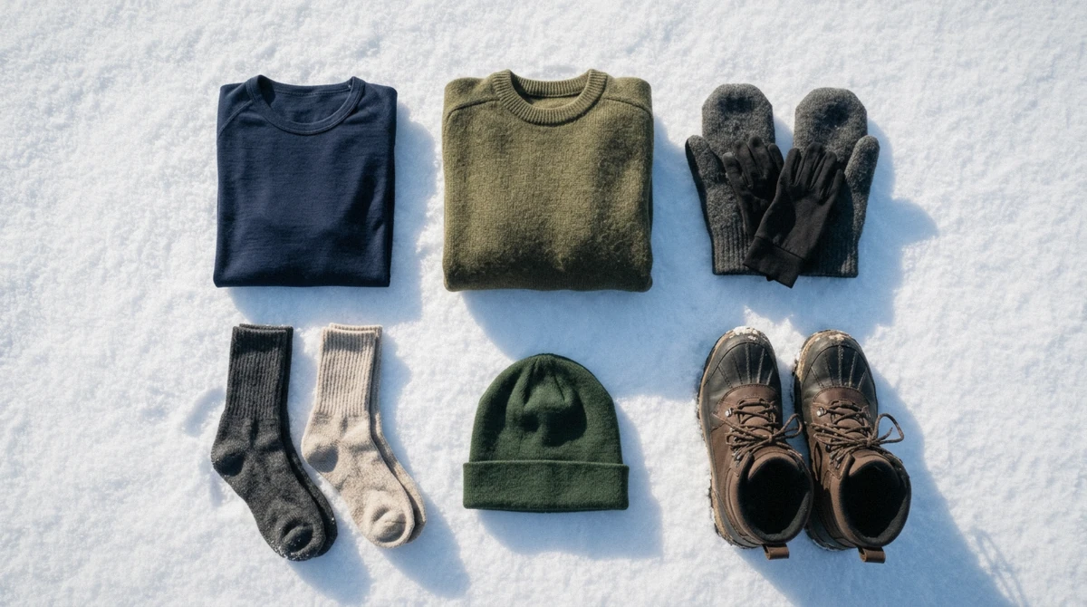 Wool base layer, mittens and a hat laid out for a Tromsø northern lights tour, showing what to wear for the northern lights in cold weather
