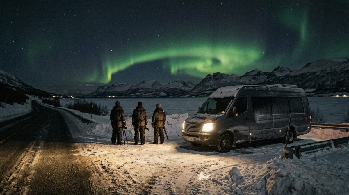 Guests in thermal suits beside a minibus at a roadside stop under green aurora on a Tromso Northern Lights tour, Troms, Norway