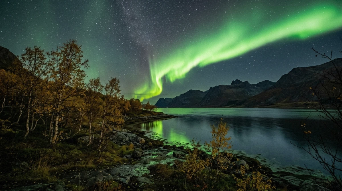 Aurora curtains over a Tromsø fjord in October, illustrating why autumn is close to the best time to see the northern lights in Tromsø