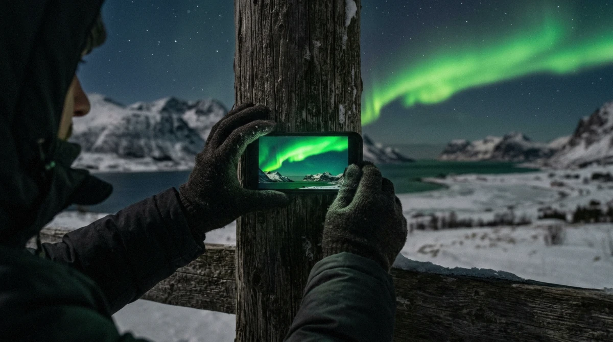 A traveller holding a phone up to photograph green northern lights over Tromsø, showing how to photograph the northern lights with a phone