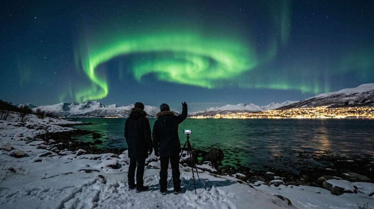 A lone traveller watching the sky from a dark beach, exploring how to see the northern lights in Tromsø without a tour
