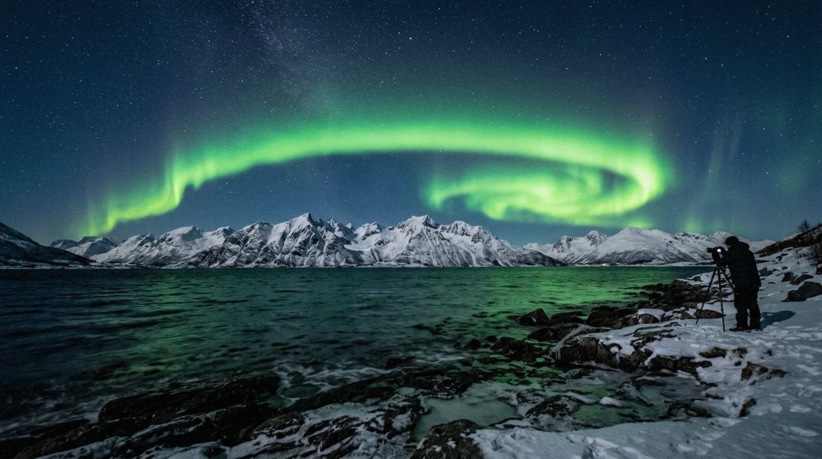 A green aurora curtain over the fjord in winter, showing the best time to see the northern lights in Tromsø during the dark season