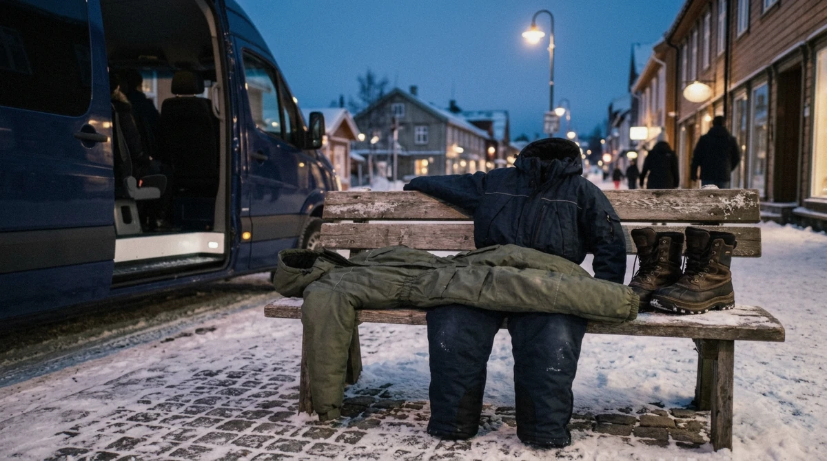 Insulated thermal suits and winter boots handed out before a Tromso Northern Lights tour departure in the city centre, Norway