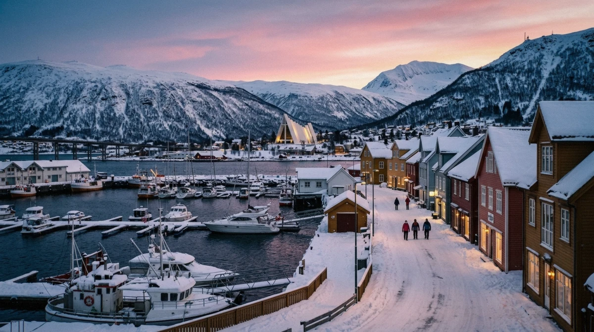 Tromsø's harbour and mountains under snow, the starting point for planning how many days in Tromsø to see the northern lights
